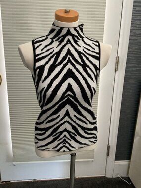 Elie Tahari Medium Sleeveless Mock Neck Sweater Black White Zebra Print